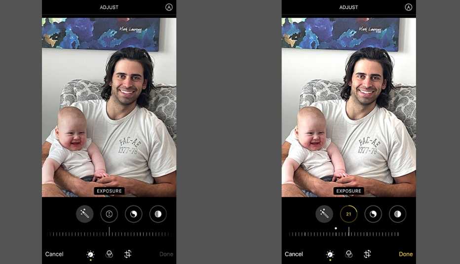 Dos capturas de pantalla de una foto que muestra los controles de ajuste de exposición a la luz en un iPhone