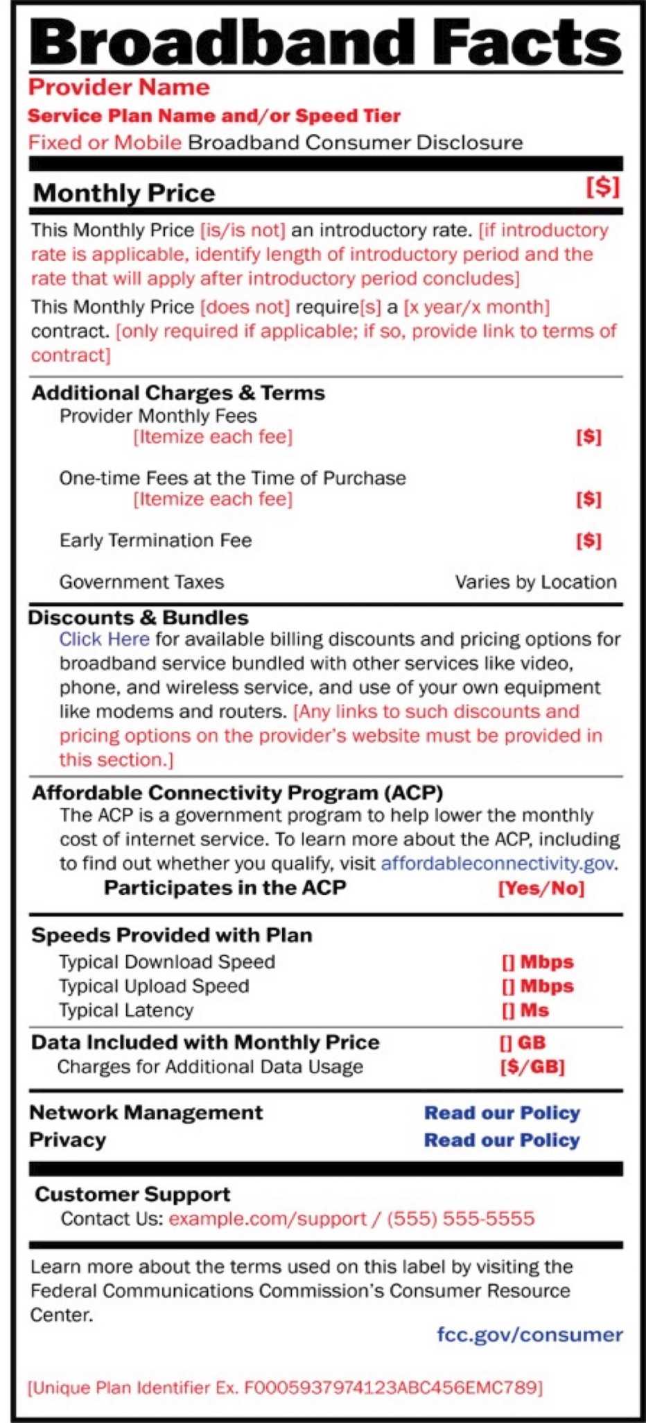 a label detailing facts about a broadband service