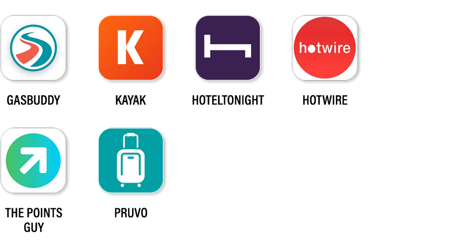 aplicaciones gratuitas de viaje, arriba, de izquierda a derecha, Gasbuddy, Kayak, Hoteltonight y Hotwire; abajo, The Points Guy y Pruvo