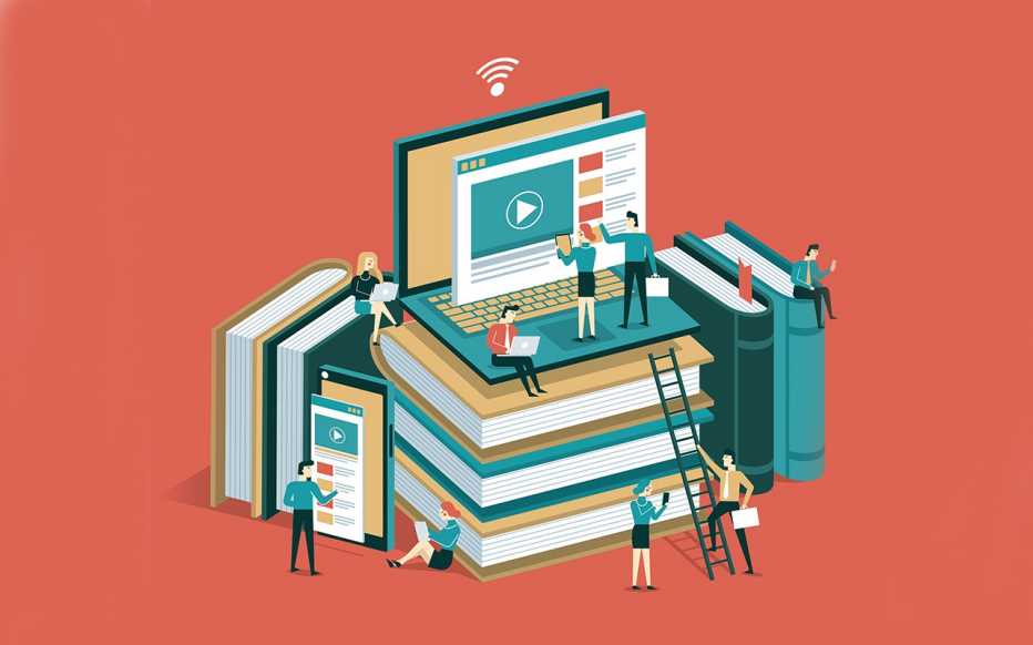 Ilustración de personas trepando sobre una pila de libros gigantes y una computadora portátil