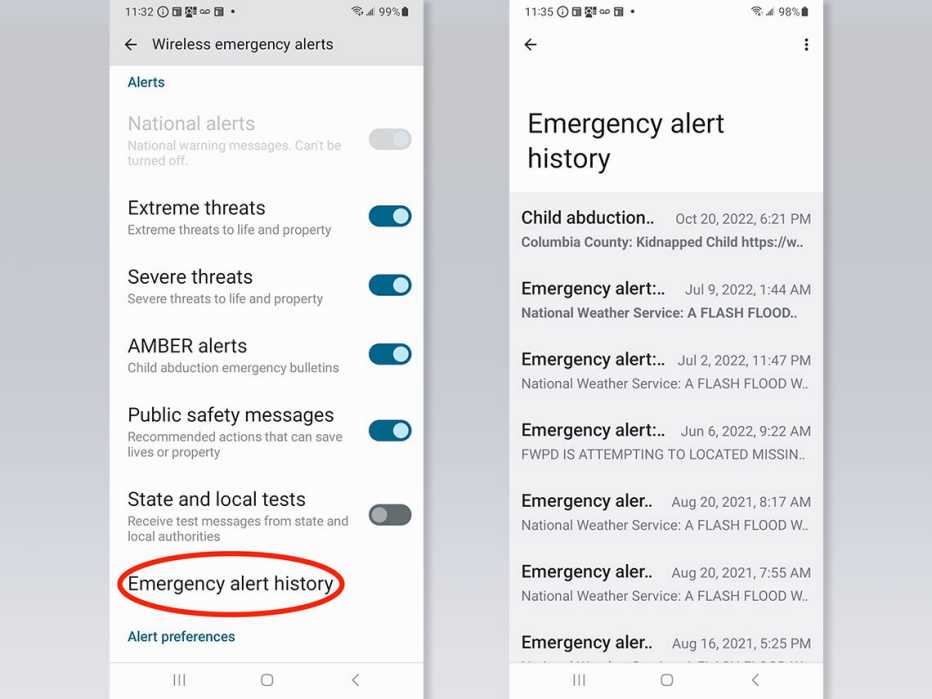dos capturas de pantalla mostrando los pasos para encontrar las alertas de emergencia en un teléfono inteligente