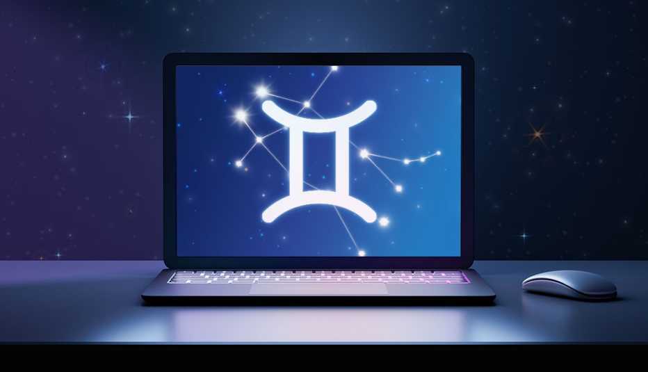 Una computadora portatil con la constelacion de Geminis y su simbolo.