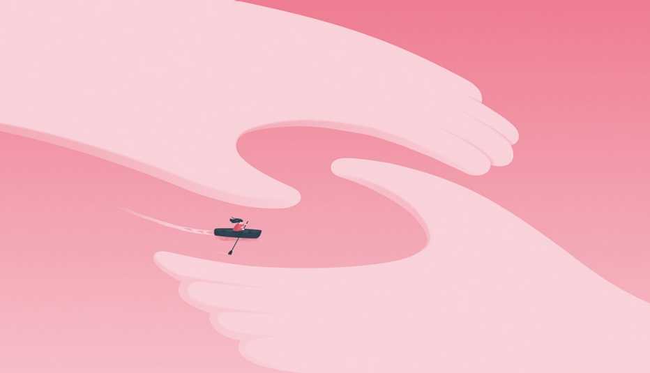 Ilustración de unas manos que protegen a una persona que va remando en un kayak