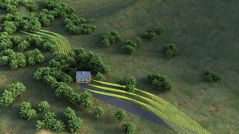 Imagen muestra con una gráfica al internet de banda ancha fluyendo a través de una casa rural