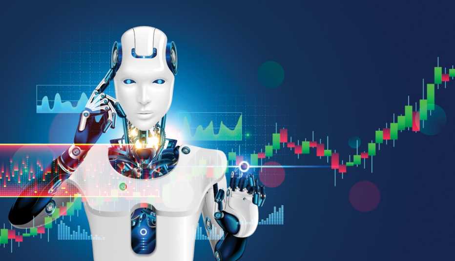 Ilustración de un robot que analiza una pantalla con datos