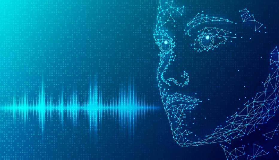 Ilustración de una cara hecha con datos y un audiograma al lado