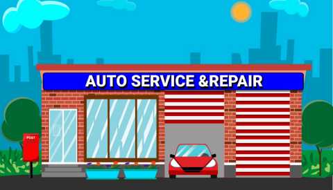 Ilustración de un taller de reparación de automóviles con un coche rojo en el compartimento del automóvil Ilustración de un taller de reparación de automóviles con un coche rojo en el compartimento del automóvil