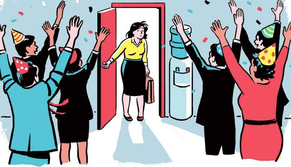 Ilustración de una mujer ejecutiva que es recibida en una fiesta sorpresa - Qué hacer si estás jubilado Ilustración de una mujer ejecutiva que es recibida en una fiesta sorpresa - Qué hacer si estás jubilado