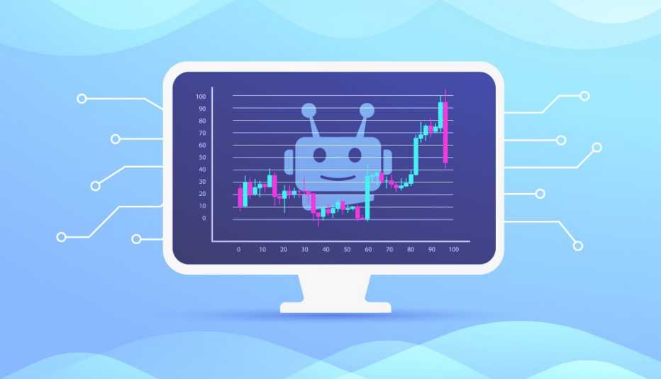 Ilustración de una pantalla de un computador con un robot que da consejos para la jubilación.
