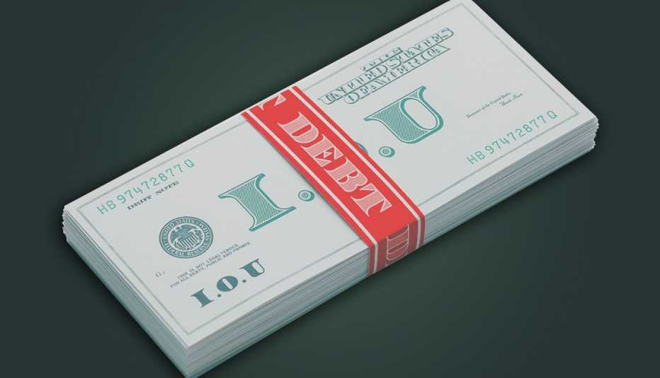 Imagen de una moneda genérica con una banda roja que dice deuda.