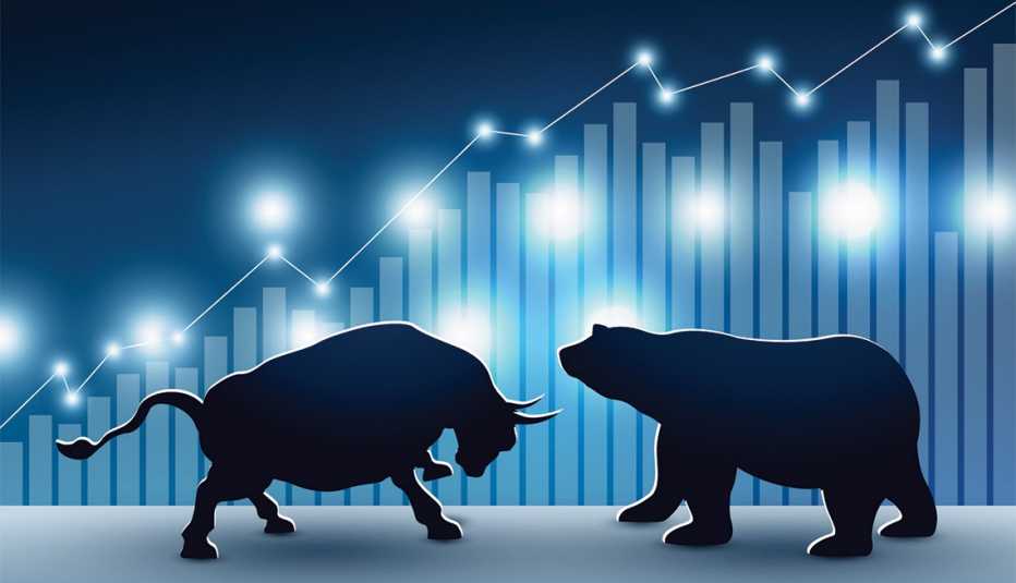 Ilustraciones de un toro y un oso frente a una gráfica estadística que muestra un alza.