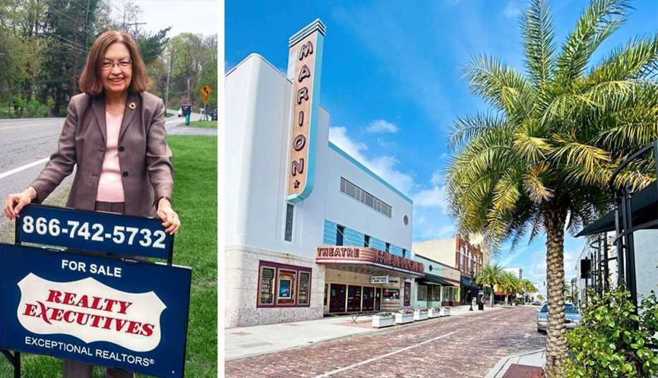 A la derecha Barbara O'Neill en Nueva Jersey, detrás de un letrero de se vende, y a la derecha una foto de Ocala, Florida