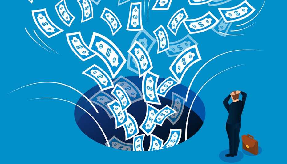 Ilustración de una persona que ve como su dinero se va por un roto