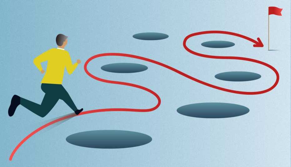 man running towards a goal through a field of obstacles