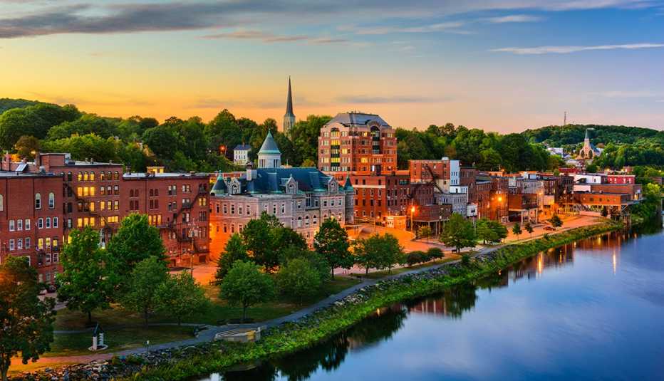 augusta maine riverfront scene at sunset