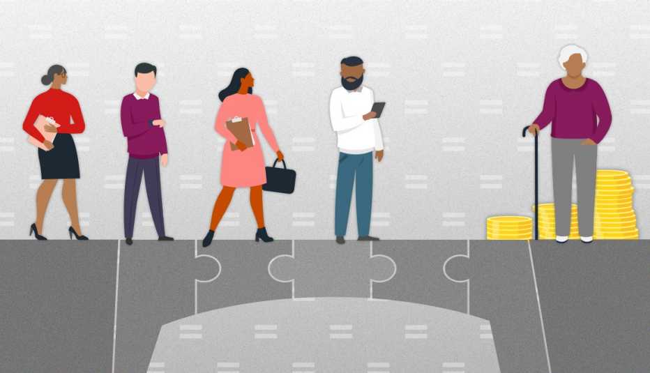 Ilustración de varios trabajadores que caminan hacia una mujer jubilada