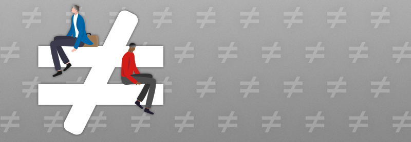 two workers sitting on either end of an unequal symbol on the left side on the upper part of the equal sign is a white worker and on the right side on the lower part of the equal sign is a black worker 