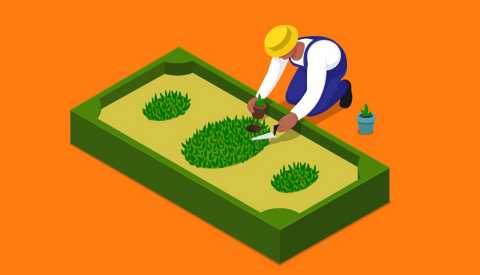 illustration of a gardner working on a garden in the shape of cash Qualifying for Social Security, calculating payments and when to apply
