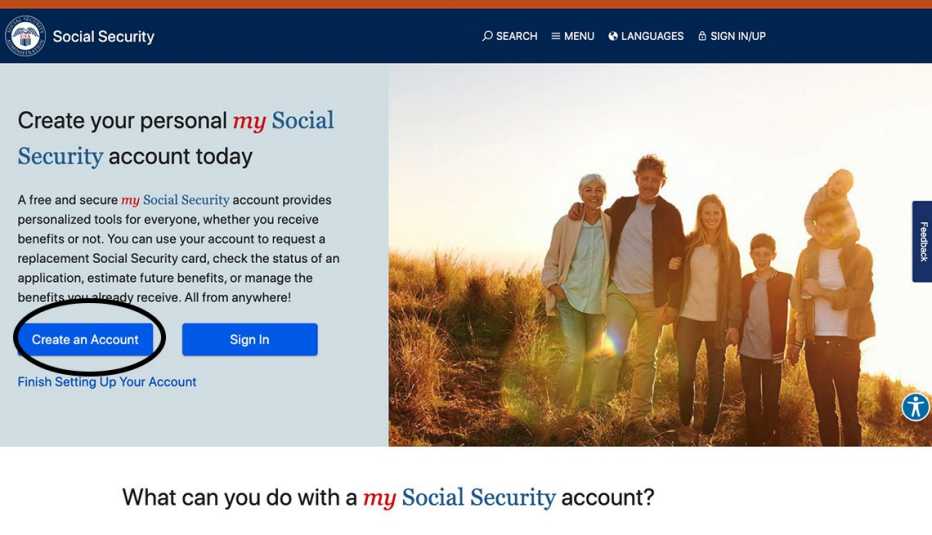 Toma de pantalla de la página web del Seguro Social que resalta el botón, Crear una cuenta.