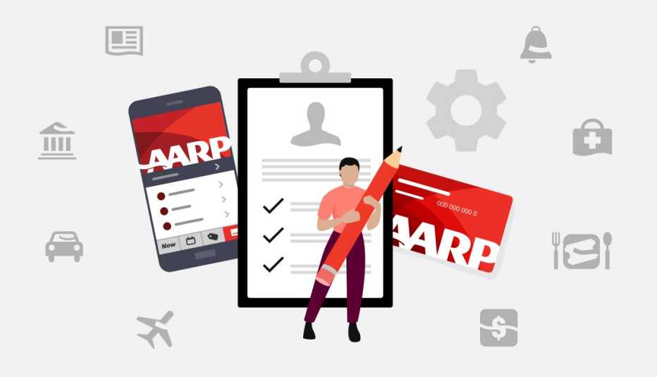 digital illustration of a person using the aarp now mobile app to access and manage your account, with icons like shopping, travel, and health showing the ways you can use your aarp membership online