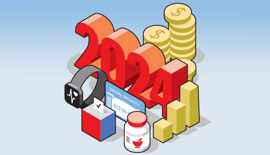 Por un mejor 2024 - AARP está luchando por tus preocupaciones sobre dinero, salud, seguro social, elecciones y medicamentos recetados números grandes para dos mil veinticuatro con dinero, una tarjeta de seguro social, un frasco de medicamentos recetados, una urna y un rastreador de actividad física de muñeca