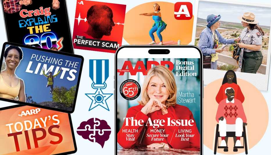 Un foto colección de lo que AARP ofreció en el 2023, incluidos los consejos en videos, nuestra cuenta de TikTok, el podcast Perfect Scam, artículos sobre salud, Digital Bonus Issue, Staying Sharp, Wish of a Lifetime y recursos para cuidadores.