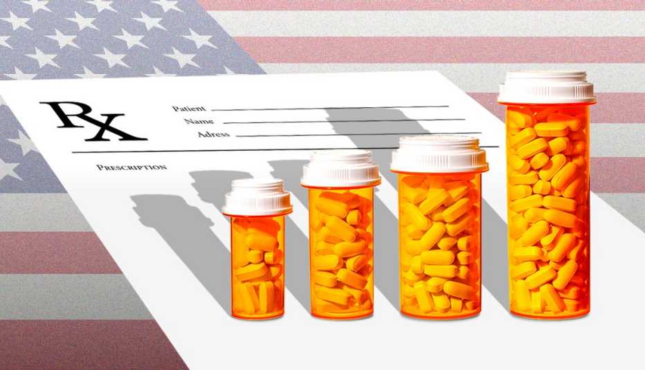 fila de frascos de pastillas cada vez más grandes con un recibo de recetas sobre la bandera de los estados unidos fila de frascos de pastillas cada vez más grandes con un recibo de recetas sobre la bandera de los estados unidos