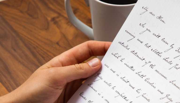 mano sostiene una carta escrita a mano con una letra clara