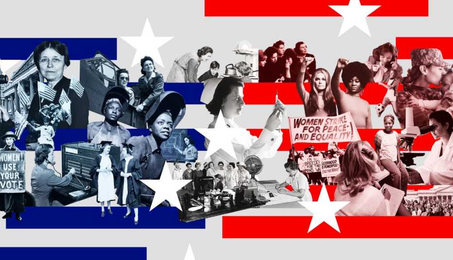 Collage de fotos históricas de mujeres innovadoras con elementos de la bandera americana de EEUU, todo en rojo, blanco y azul.