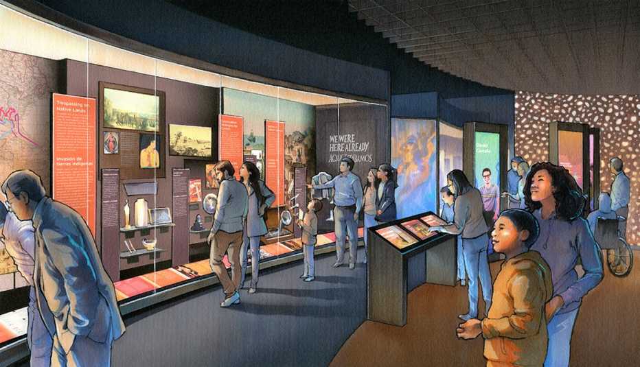 Una ilustración muestra a un grupo de personas en una exhibición en el museo
