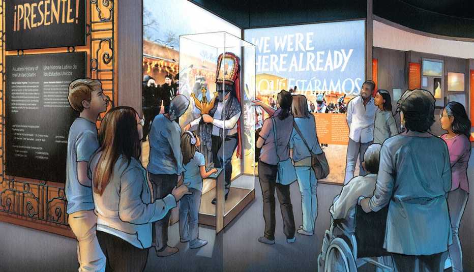 Gráfica muestra a un grupo de personas que observan una exhibición en un museo