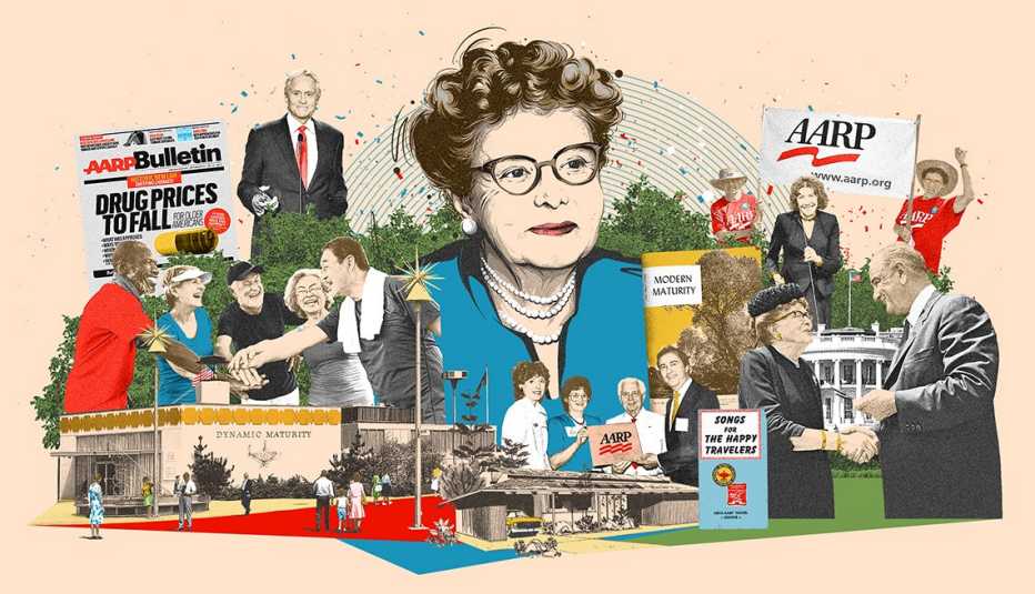 Ilustración de varias imágenes con la historia de AARP