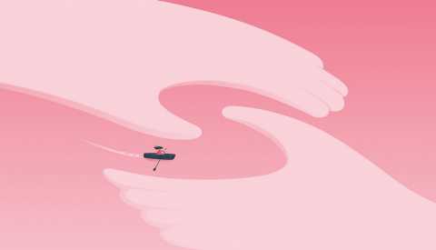 Ilustración de unas manos que protegen a una persona que va remando en un kayak