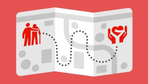 Ilustración de un mapa con el icono de una persona ayudando a otra con un bastón