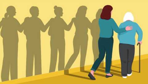 Ilustración de una anciana seguida por una mujer ayudándola y varias figuras en sombra detrás de ella dando apoyo.