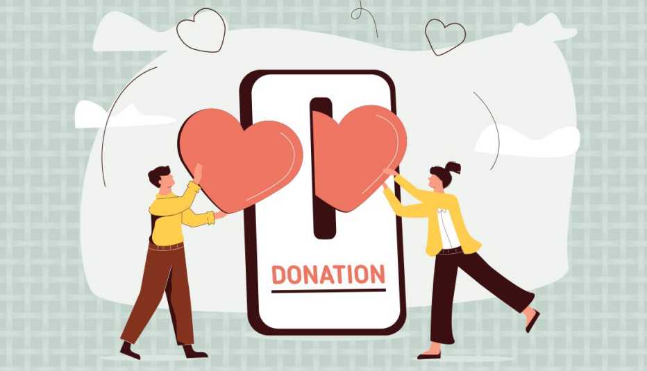 Ilustración de dos personas regalando corazones a través de un portal de donaciones. Ilustración de dos personas regalando corazones a través de un portal de donaciones.