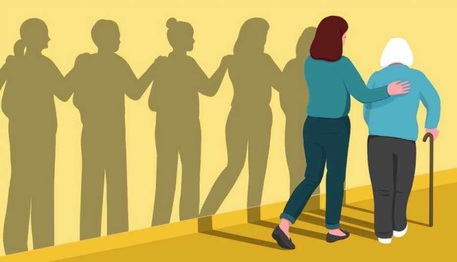 Ilustración de una anciana seguida por una mujer ayudándola y varias figuras en sombra detrás de ella dando apoyo.