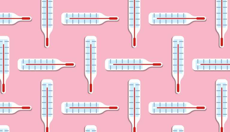 Ilustración de varios termómetros sobre un fondo rosado