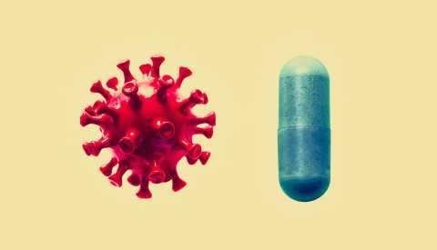 Ilustración de un célula viral y una pastilla sobre un fondo amarillo Ilustración de un célula viral y una pastilla sobre un fondo amarillo