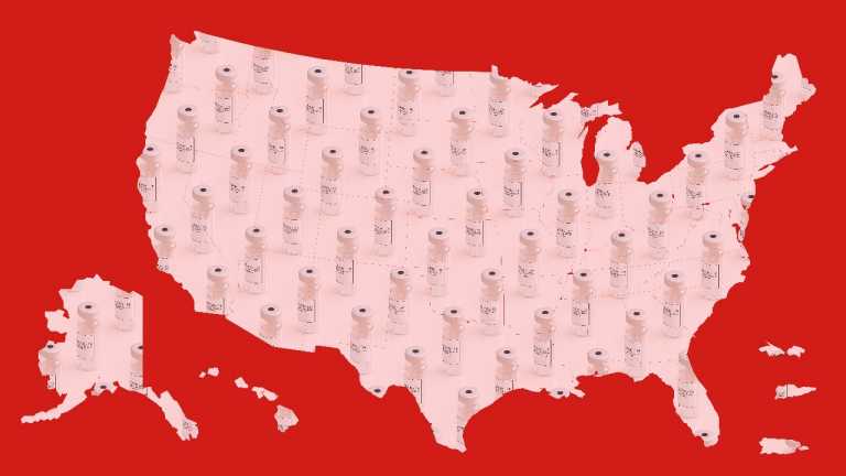 Mapa de Estados Unidos relleno de viales de vacunas