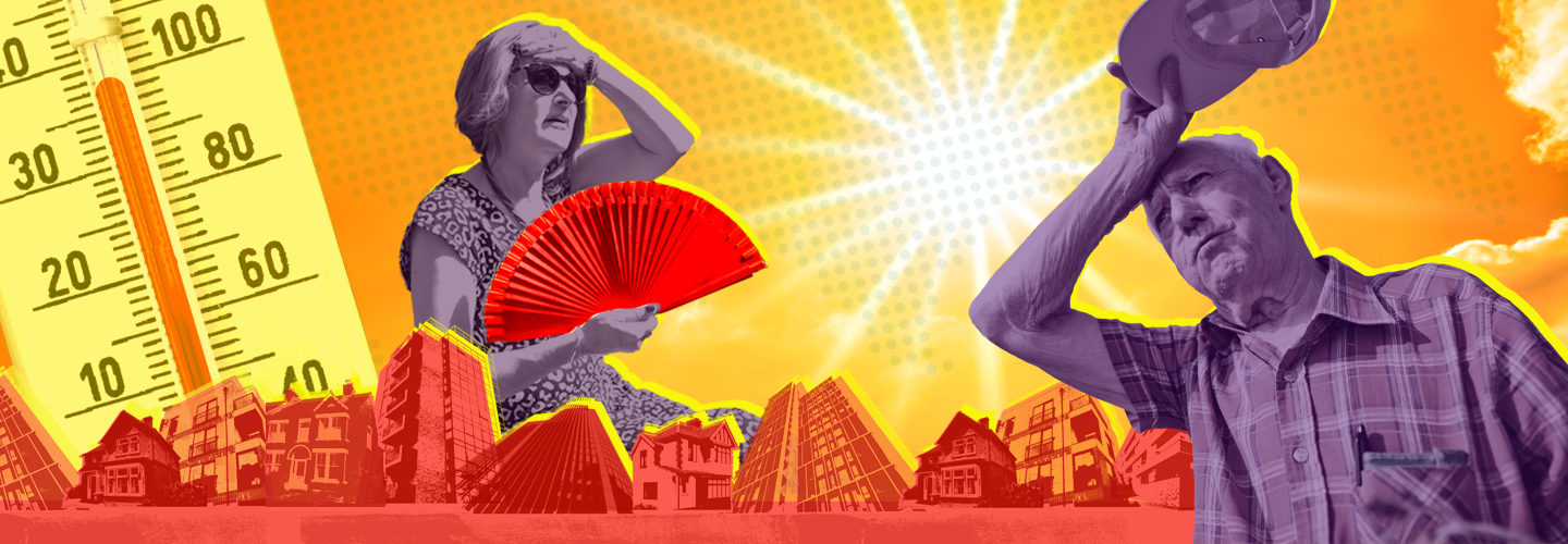 El calor extremo y tu salud hot sun on a skyline a thermostat reading almost one hundred degrees a woman with a fan and a farmer wiping his brow and holding his baseball cap