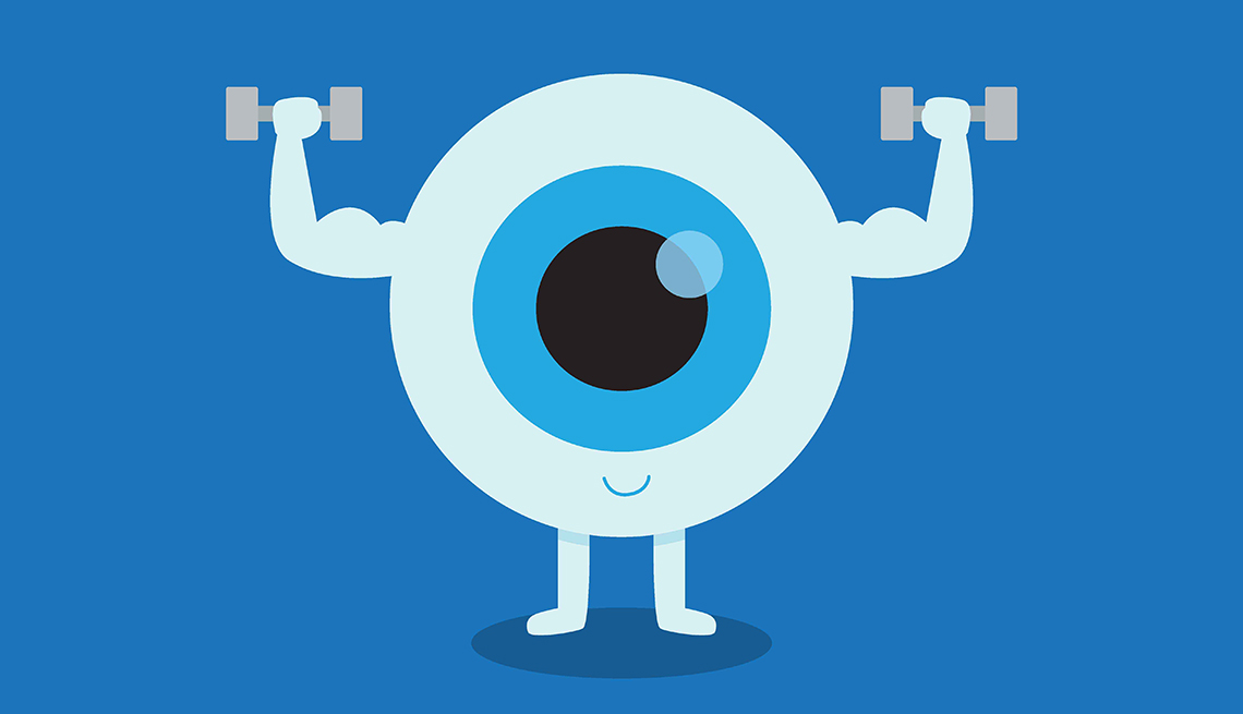 ilustración de globo ocular haciendo ejercicio con mancuernas