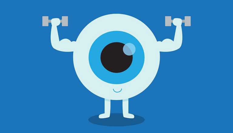 ilustración de globo ocular haciendo ejercicio con mancuernas