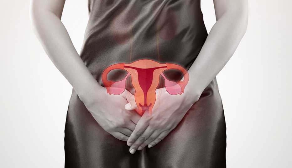 Mujer con sus manos en el abdomen bajo y dibujo del sistema reproductivo Mujer con sus manos en el abdomen bajo y dibujo del sistema reproductivo