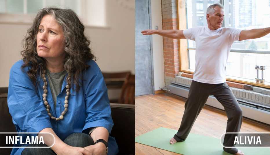 Mujer deprimida y hombre haciendo yoga
