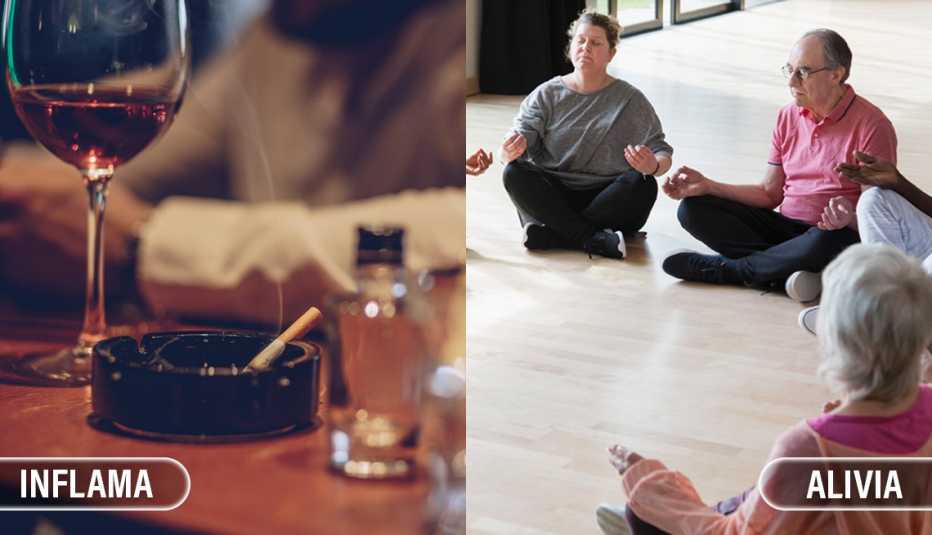 Copa de vino y cigarrillo a un lado, personas meditando al otro