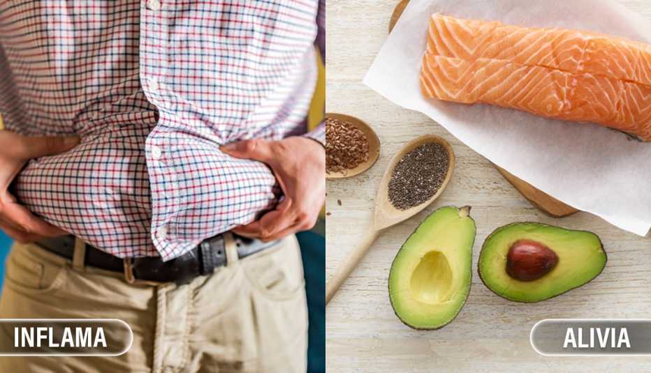 Hombre agarrándo su panza, salmón, aguacates y semillas nutritivas