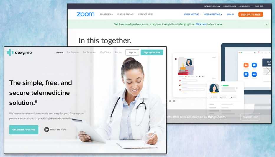 Capturas de pantalla de los sitios web zoom y doxy.me