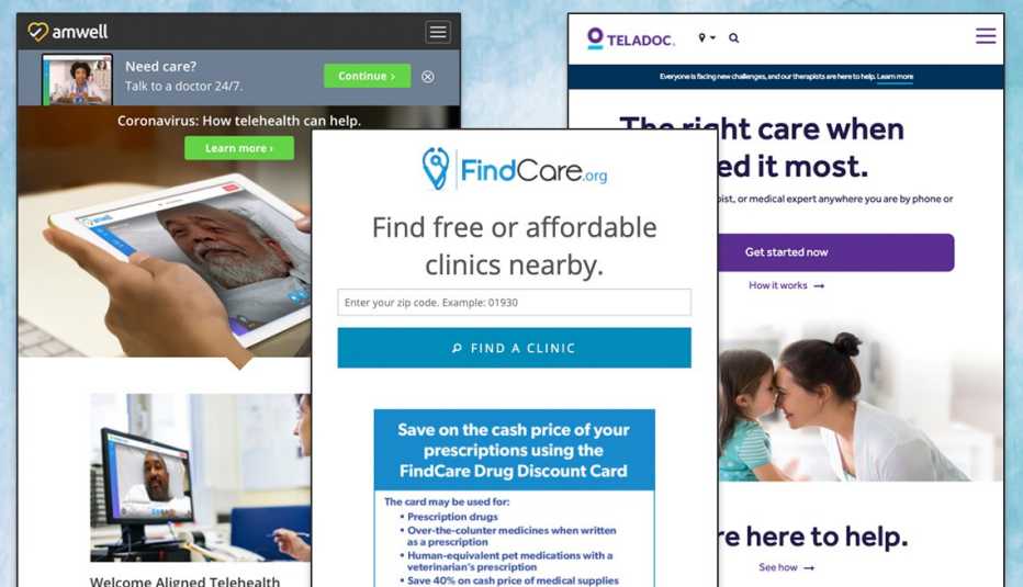 Capturas de pantalla de los sitios web Amwell, Teladoc y Findcare