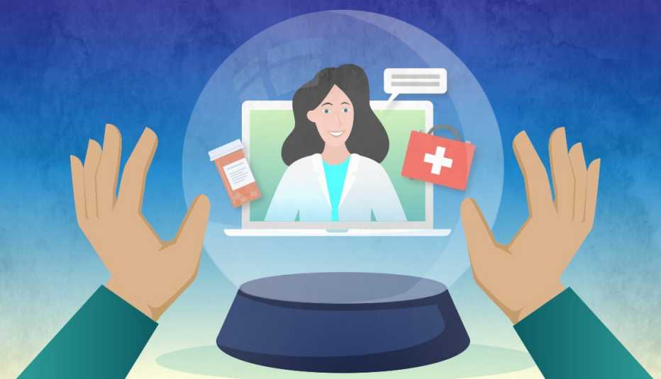 Ilustración de una cita con el médico de telesalud dentro de una bola de cristal